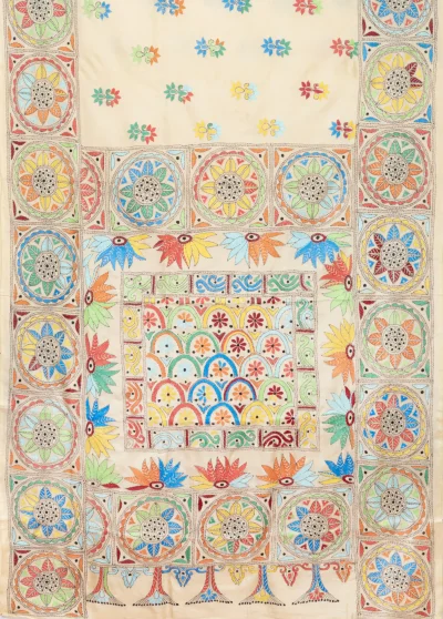 Handcrafted Kantha Silk Saree – Beige