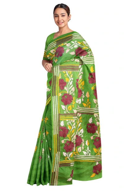 Handcrafted Kantha Silk Saree – Green