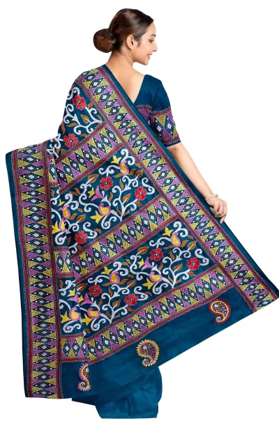 Handcrafted Kantha Silk Saree – Astronaut Blue