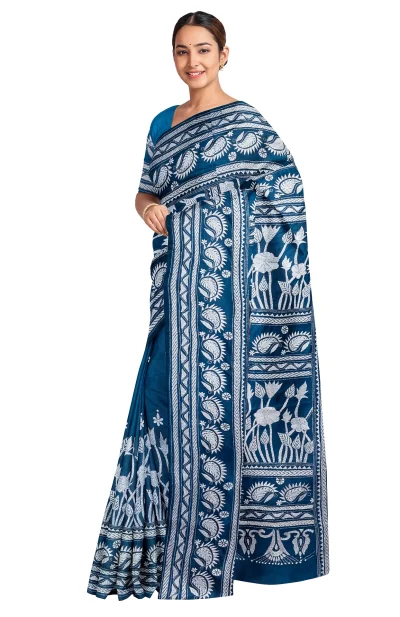 Handcrafted Kantha Silk Saree – Regal Blue