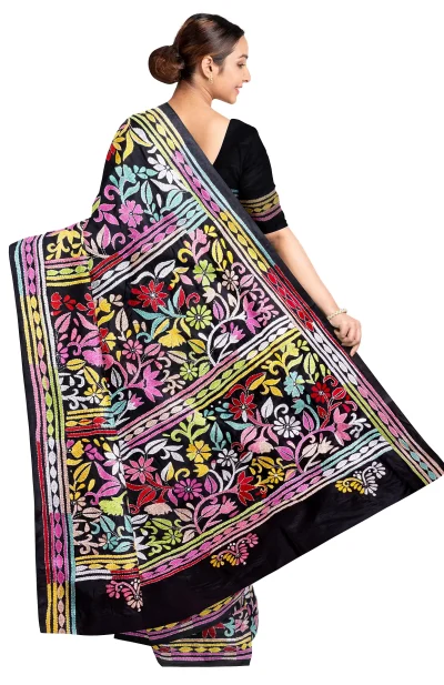 Handcrafted Kantha Silk Saree – Black