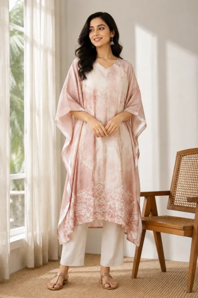 Batik Printed Silk Excel Kaftan  - Peach