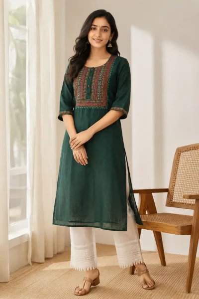 Slub Cotton Embroidered Kameez  - Green