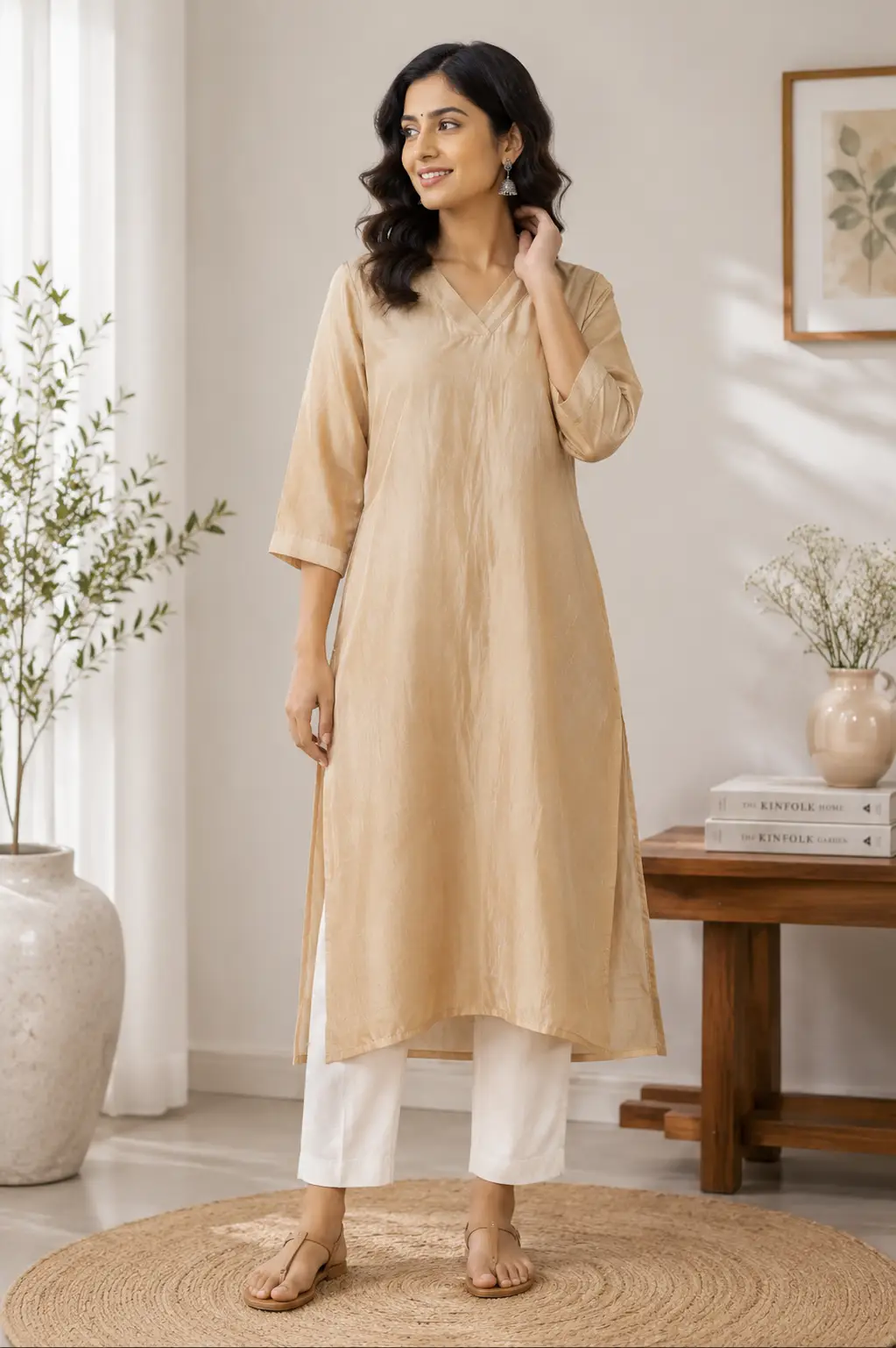Cotton Silk Long Kameez - Beige